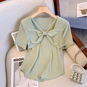 大码2-300斤拼接镂空短袖t恤女夏季宽松设计感小众蝴蝶结方领上衣