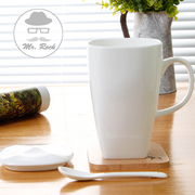 纯白骨瓷方口个性骨瓷大容量杯子，带盖欧式简约水杯韩式陶瓷马克杯
