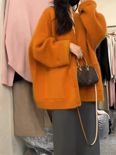 橘色毛衣开衫外套女春秋宽松慵懒风外穿韩系，高级感纯色针织衫上衣
