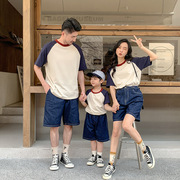 韩版撞色短袖t恤亲子装，2023一家三口夏家庭装休闲母子t表演服