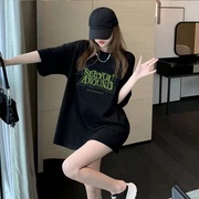 短袖T恤女设计感小众夏季2023宽松韩版中长款黑色上衣服ins潮