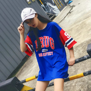 原宿bf风短袖t恤女夏季韩版宽松学生字母，中长款连衣裙棒球篮球服