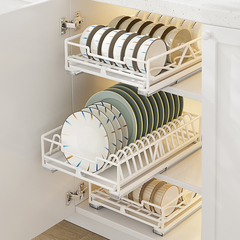 厨房碗碟收纳架橱柜内置拉篮抽屉式抽拉碗架放碗盘沥水滑轨置物架