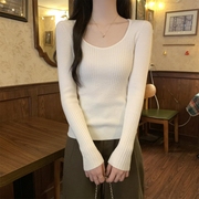 韩版低领毛衣打底衫女秋冬高级感修身内搭坑条针织衫洋气长袖上衣