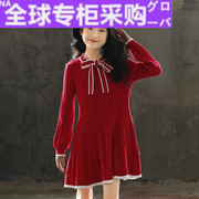 欧洲女童连衣裙长袖秋冬儿童洋气红色，毛衣裙(毛衣裙)中大童大码胖