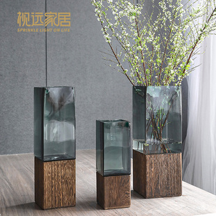 新中式实木花瓶摆件客厅插花玻璃干花富贵竹落地大，装饰轻奢水培