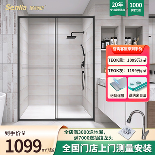 圣莉亚定制淋浴房一字形，洗澡卫生间玻璃隔断固定浴室双移门窄边框