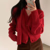 韩国ins早春复古带围脖v领毛衣外套氛围感新年红色长袖针织开衫女