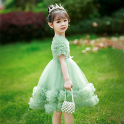 女童公主裙礼服高端女孩花童主持人儿童，森系生日蓬蓬裙绿色高级感