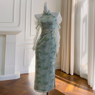 法式轻熟时尚绿色挂脖连衣裙新中式改良旗袍可拆卸袖子收腰长裙