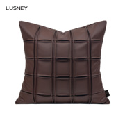 现代轻奢法式皮质抱枕套咖色手工格子皮革高档沙发靠枕客厅靠垫套