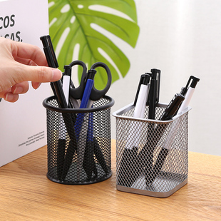 笔筒简约风格创意高级感大容量，金属网格桌面收纳盒桶笔桶