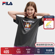 FILA 斐乐女子针织短袖衫2024夏时尚宽松纯棉猫咪刺绣T恤