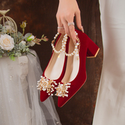 秋季结婚鞋女2023中式红色，高跟粗跟新娘绑带，秀禾婚纱两穿大码