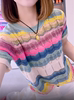 彩虹条纹短袖T恤女2023夏季薄款勾花镂空针织衫洋气减龄上衣