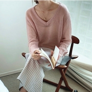 V领镂空马海毛毛衣女薄款慵懒风宽松长袖套头秋季韩式粉色针织衫