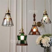 手工制作日式复古黄铜绿色玻璃吊灯餐厅灯床头彩色小玻璃吊灯