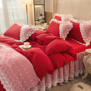 结婚床上四件套韩式公主风被套蕾丝花边被罩床单床裙款婚庆床品4