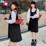 胖女孩加大码女装韩版时尚两件套胖妹妹秋甜美刺绣背带裙套装