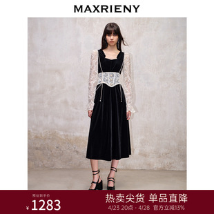 maxrieny法式宫廷复古风，拼接蕾丝丝绒连衣裙2023冬季收腰裙子