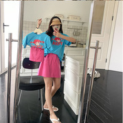 女孩卡通T恤玫红短裙套装亲子装Y5夏季韩版女童装短袖网红母女装