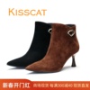 kisscat接吻猫2023秋冬羊，反绒尖头细高跟水钻，女短靴子ka43715-13