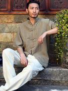 楠唐装中国风男复古衬衫，短袖全麻中年大码半袖苎麻立领对襟衣