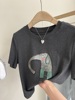 韩国小个子短袖tee 抽象缝线卡通大象 修身小版短款短袖T恤女上衣