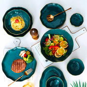陶瓷金边亮光绿餐具套装家用简约西餐牛排盘子沙拉米饭面碗碟勺子