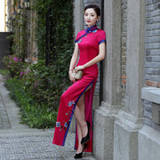 玫红色走秀旗袍2023老上海中国风长款高端优雅大码舞台演出服