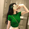 绿色t恤女短袖冰丝针织上衣2024夏韩版修身ins短款半袖打底衫