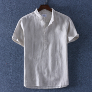 夏季薄款纯亚麻小领白色短袖衬衫男翻领宽松休闲棉麻半袖衬衣T恤