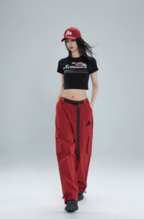 acmeaura爵士舞hiphop街舞裤，纯色裤子弹力宽松红色，工装裤休闲裤女