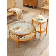 北欧圆形桌实木玻璃茶几组合家用小户型客厅日式简约藤编小圆桌子