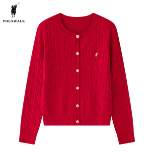polowalk大红色针织衫开衫女士2024春季款女装经典，绞花小个子毛衣