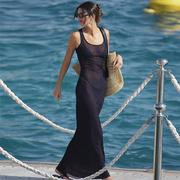 kliou沙滩度假风气质，黑色无袖连衣裙女性感透视显瘦网纱长裙夏