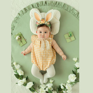 百天小兔子造型摄影服装夏款周岁黄色田园，风爱贝儿正版婴儿宝宝服