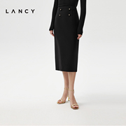 LANCY/朗姿2024春季高级感黑色醋酸半身裙通勤高腰包臀裙女士