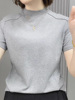 纯棉半高领短袖T恤女2024夏季欧货小衫灰色设计感上衣
