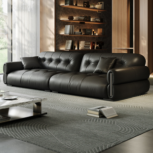 拉芙菲 复古意式轻奢真皮沙发中古黑色头层牛皮直排法式美式沙发