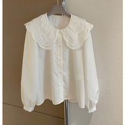 白色娃娃领衬衫女2023春秋，法式设计感小众，衬衣钩花蕾丝领