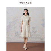 VGRASS新中式女装2024春款重工蜜合色蕾丝POLO领子连衣裙