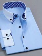 男士轻奢长袖衬衫双领纯色商务职业正装男韩版修身浅蓝色衬衣免烫