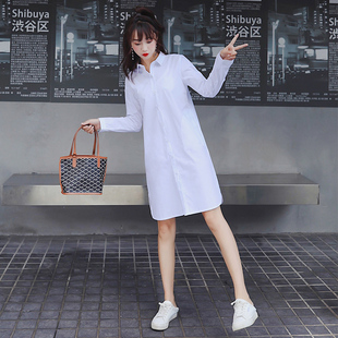 白色衬衣女2023春秋，学生韩版宽松中长款长袖，衬衫连衣裙外套