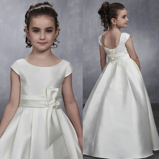 少女童大提琴钢琴演出晚礼服儿童，白色缎面伴娘婚纱绑带长款公主裙