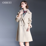 oibee欧芘2023春女装，水貂毛领双排，扣毛呢外套中长款大衣女
