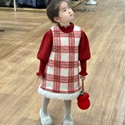 2023冬季韩版女童格子夹棉背心裙，娃娃裙新年红格子毛呢裙冬裙