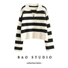 BAO STUDIO秋季设计感POLO领宽条纹短款毛衣女慵懒风长袖上衣