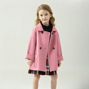 女童双面羊绒外套2023秋冬韩版洋气儿童大衣，宝宝羊毛呢子风衣