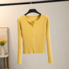春秋季针织棉开衫纯色圆领，单排扣外套修身坑条超弹黄色上衣百搭女